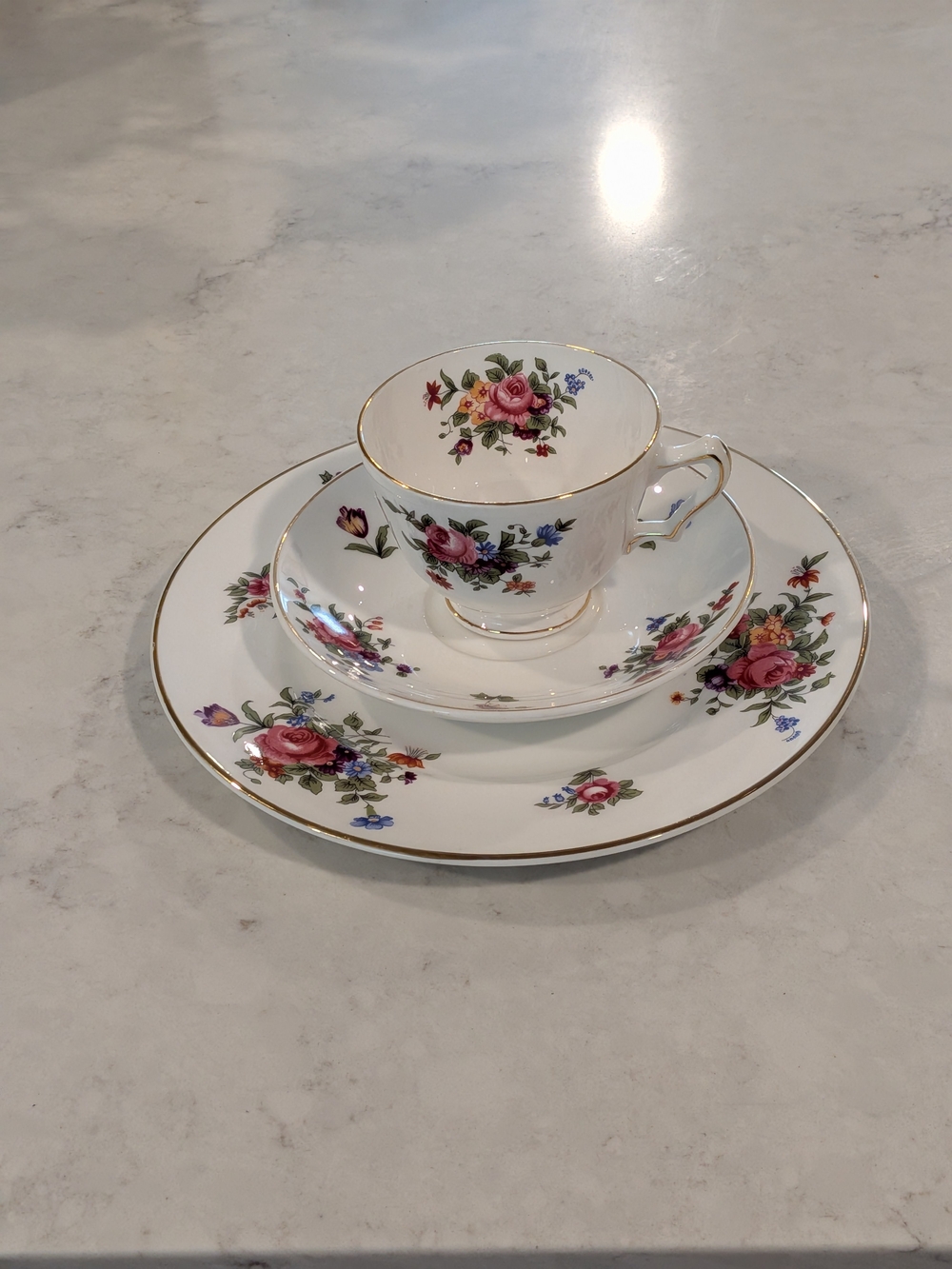 Fine Porcelain Floral Tea Cup, Saucer & Plate Set - Pink Floral